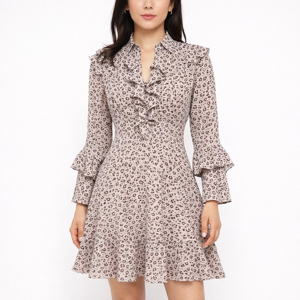 Avec Les Filles NWT Pink Leopard Ruffle Keyhole Mini Dress Size 2 $128 Retail